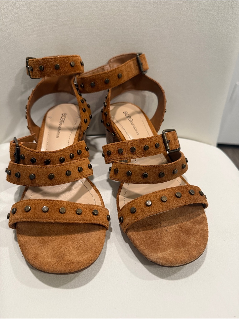 BCBG Studded Suede Ankle-Strap Sandals - Tan